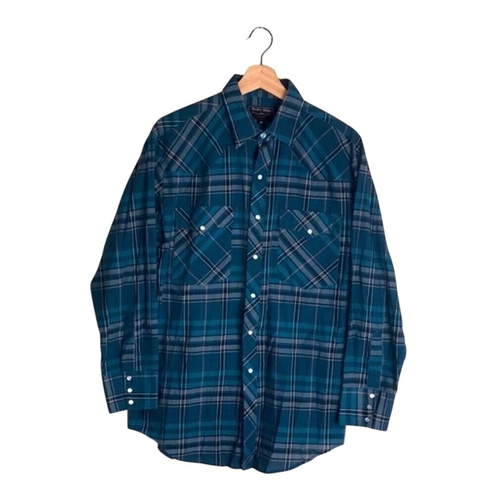 Border Town Men's Western Plaid Pearl Snap Button Long Sleeve Shirt‎ Size M